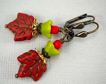 Red Maple Leaf earrings, vintage style antique brass