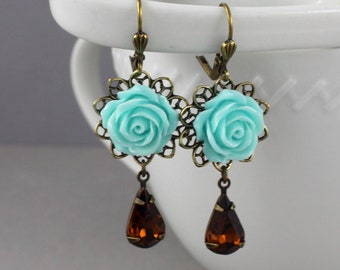 Aqua Blue Rose - Victorian vintage style antique brass rose - Secret Garden Collection
