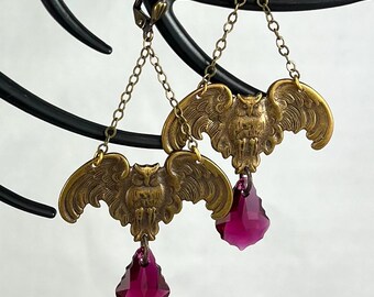Owl Chandelier earrings in Ruby - vintage, Victorian style antique brass earrings