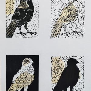 Four jackdaw bird block prints on white paper. The varied styles use black ink and light paper overlays, including one with 'Carol of the Drum' sheet music collage. Features a textured background, signed and numbered in the margin.