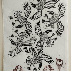 Ice Cream Thieves | hand made A4 linocut print showing seagulls stealing ice creams Hand-torn Wenzhou