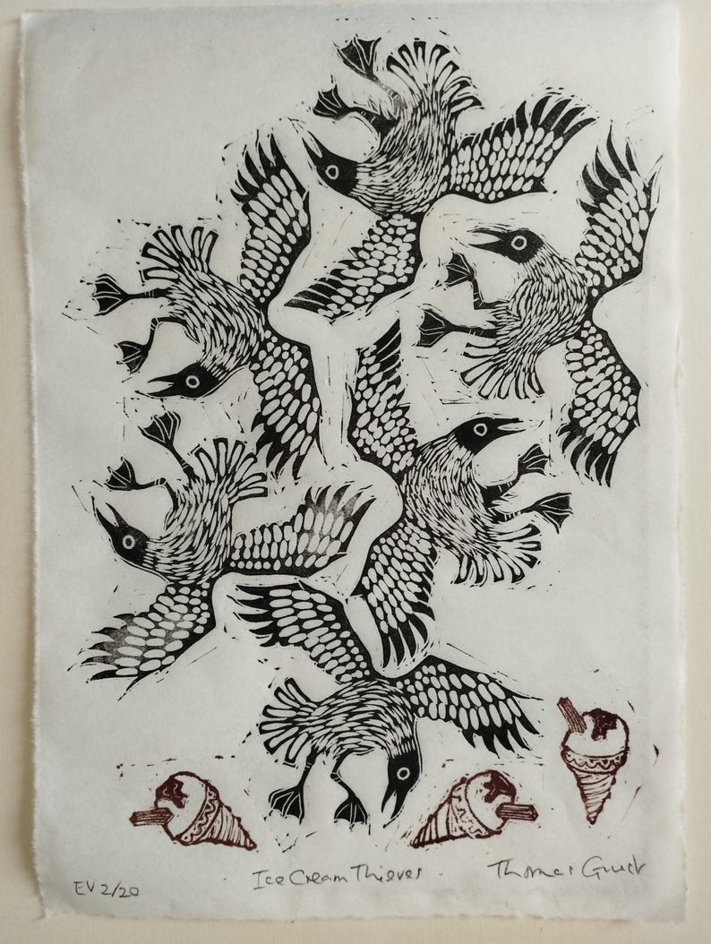 Ice Cream Thieves | hand made A4 linocut print showing seagulls stealing ice creams Hand-torn Wenzhou