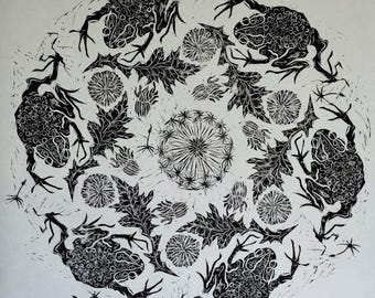Toad and Dandelion Mandala linocut print