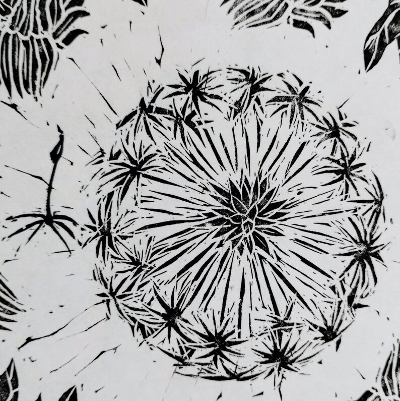 Pu&ograve; includere: Una stampa in linoleum in bianco e nero raffigurante un capolino di tarassaco centrale con sottili linee radianti e piccoli fiori a forma di stella. Il design include semi sparsi e elementi floreali parziali su uno sfondo bianco.