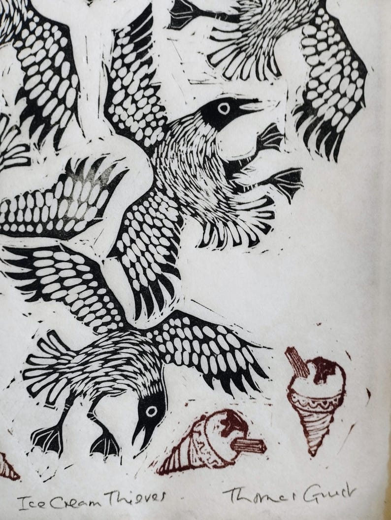 Ice Cream Thieves | hand made A4 linocut print showing seagulls stealing ice creams imagen 3