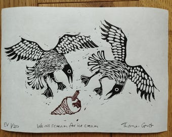 We all scream for Ice Cream | limited edition two colour A5 print showing seagulls fighting over food