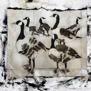 Pode incluir: Uma pe&ccedil;a retangular de papel texturizado em tom off-white com um desenho a tinta preta de cinco gansos-do-canad&aacute;. Os gansos s&atilde;o retratados com pesco&ccedil;os, cabe&ccedil;as e marca&ccedil;&otilde;es nas asas em preto detalhado, posicionados em grupo sobre o papel.