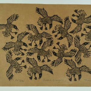 Screech of Seagulls | limited edition hand pulled A3 black and white linocut print Clairfontaine kraft