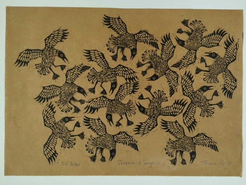 Screech of Seagulls | limited edition hand pulled A3 black and white linocut print Clairfontaine kraft