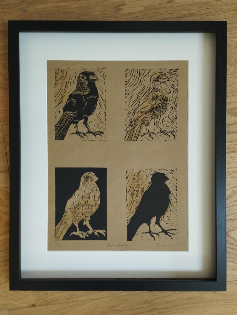 K&ouml;nnte beinhalten: Ein gerahmter Druck auf beigefarbenem Papier mit vier verschiedenen Vogelillustrationen in schwarzer Drucktechnik. Das Kunstwerk befindet sich in einem schlichten schwarzen Rahmen mit wei&szlig;em Passepartout. Jeder Vogel zeigt individuelle Texturen.