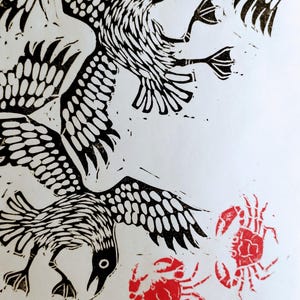 Squabbling Seagulls and Crabs | limited edition hand pulled A4 black, red and white linocut print immagine 6