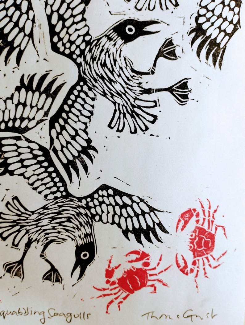 Squabbling Seagulls and Crabs | limited edition hand pulled A4 black, red and white linocut print immagine 6