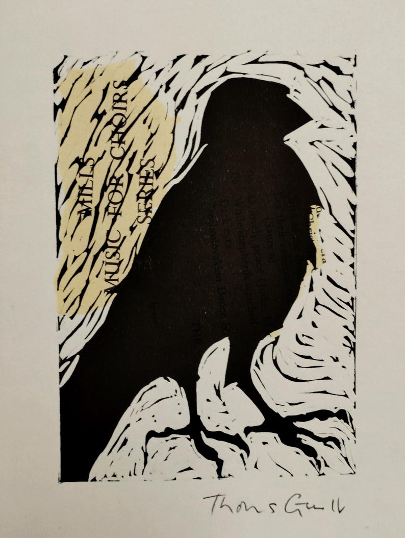 K&ouml;nnte beinhalten: Ein schwarz-wei&szlig;er Linolschnitt mit der dunklen Silhouette eines Vogels, umgeben von abstrakten, wei&szlig; geschnitzten Mustern. Ein hellgelber Bereich auf der linken Seite enth&auml;lt den Text MILLS MUSIC FOR CHOIRS SERIES. Die Signatur Thons Gull steht unten.