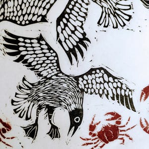 Squabbling Seagulls and Crabs | limited edition hand pulled A4 black, red and white linocut print immagine 8