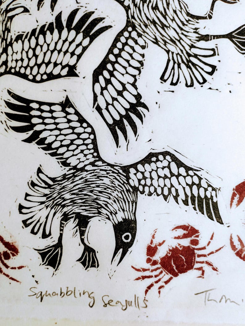 Squabbling Seagulls and Crabs | limited edition hand pulled A4 black, red and white linocut print immagine 8