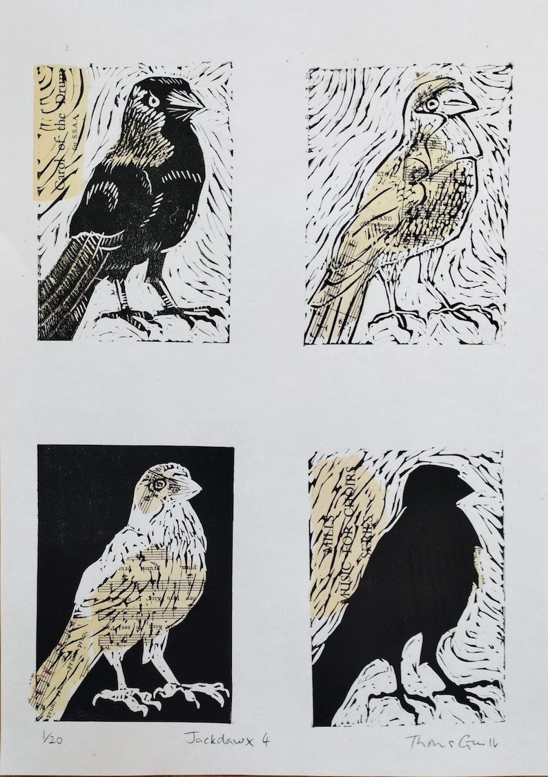 Four jackdaw bird block prints on white paper. The varied styles use black ink and light paper overlays, including one with 'Carol of the Drum' sheet music collage. Features a textured background, signed and numbered in the margin.