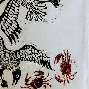 Squabbling Seagulls and Crabs | limited edition hand pulled A4 black, red and white linocut print immagine 7