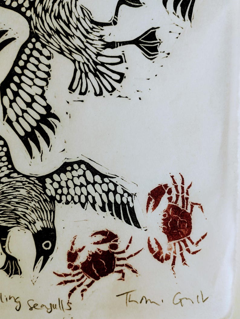 Squabbling Seagulls and Crabs | limited edition hand pulled A4 black, red and white linocut print immagine 7