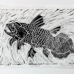 Black and white relief print of a coelacanth fish swimming through textured water marks. 
Printed on hand torn deckle edged Wenzhou paper. Features detailed scales, lobed fins, and hand-penciled signature and edition details along the bottom margin.