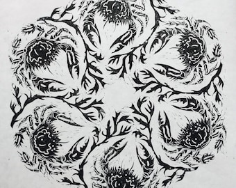 Swimming Crab and Seaweed Mandala linocut print