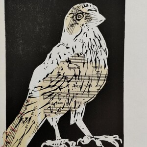 K&ouml;nnte beinhalten: Ein schwarz-wei&szlig;er Druck mit der stilisierten Silhouette eines Vogels vor einem einfarbigen schwarzen Hintergrund. Der K&ouml;rper des Vogels besteht aus cremefarbenem Papier, das mit Noten und Text bedruckt ist. Unten steht der Text "Jackdawx 4".