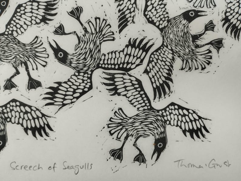 Screech of Seagulls | limited edition hand pulled A3 black and white linocut print image 5