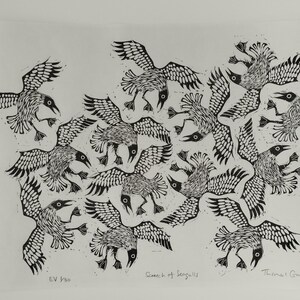 Screech of Seagulls | limited edition hand pulled A3 black and white linocut print Awagami Masa