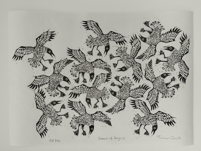 Screech of Seagulls | limited edition hand pulled A3 black and white linocut print Awagami Masa