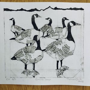 Pode incluir: Uma impress&atilde;o em preto e branco em papel apresentando cinco gansos-do-canad&aacute; com marcas texturizadas em forma de remendos em seus corpos. A obra inclui o texto manuscrito "EV 4/8", "Canada Geese" e uma assinatura com a data "2026".