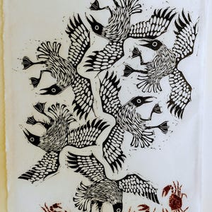 Squabbling Seagulls and Crabs | limited edition hand pulled A4 black, red and white linocut print Hand-torn Wenzhou
