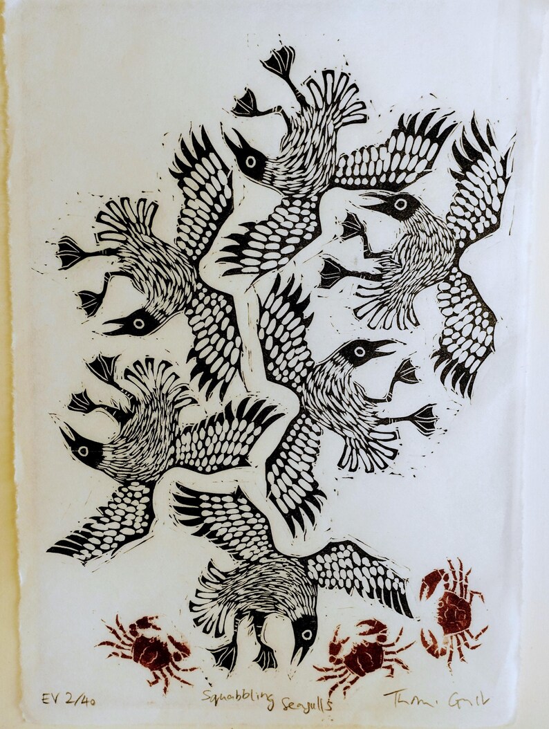 Squabbling Seagulls and Crabs | limited edition hand pulled A4 black, red and white linocut print Hand-torn Wenzhou