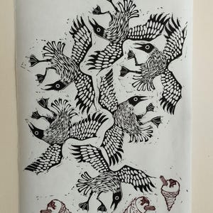 Ice Cream Thieves | hand made A4 linocut print showing seagulls stealing ice creams Awagami Masa