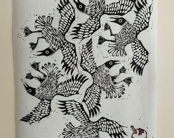 Ice Cream Thieves | hand made  A4 linocut print showing seagulls stealing ice creams