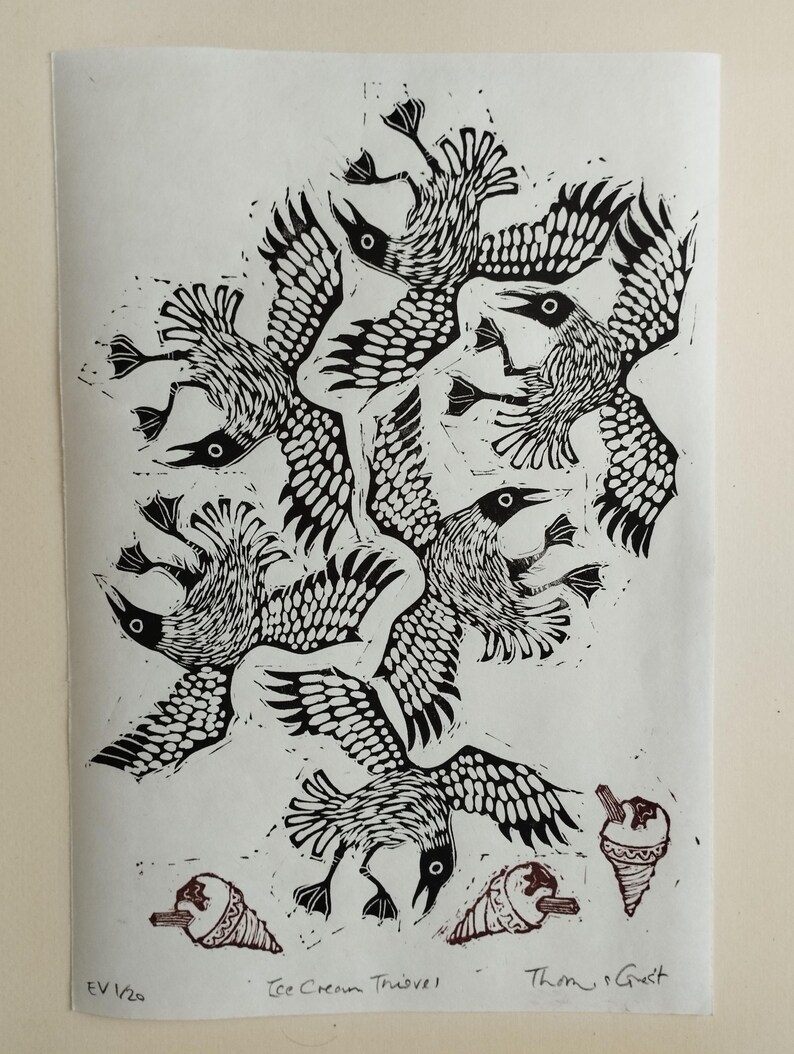Ice Cream Thieves | hand made A4 linocut print showing seagulls stealing ice creams Awagami Masa