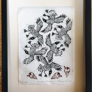 Ice Cream Thieves | hand made A4 linocut print showing seagulls stealing ice creams imagen 5