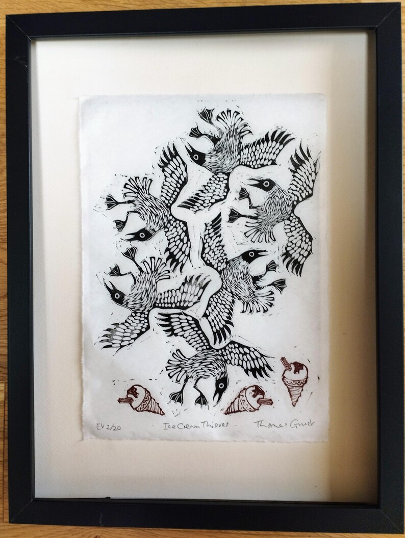 Ice Cream Thieves | hand made A4 linocut print showing seagulls stealing ice creams imagen 5
