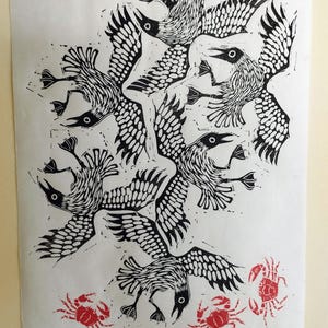 Squabbling Seagulls and Crabs | limited edition hand pulled A4 black, red and white linocut print Awagami Masa