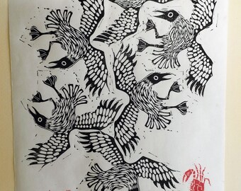 Squabbling Seagulls and Crabs | limited edition hand pulled  A4 black, red and white linocut print