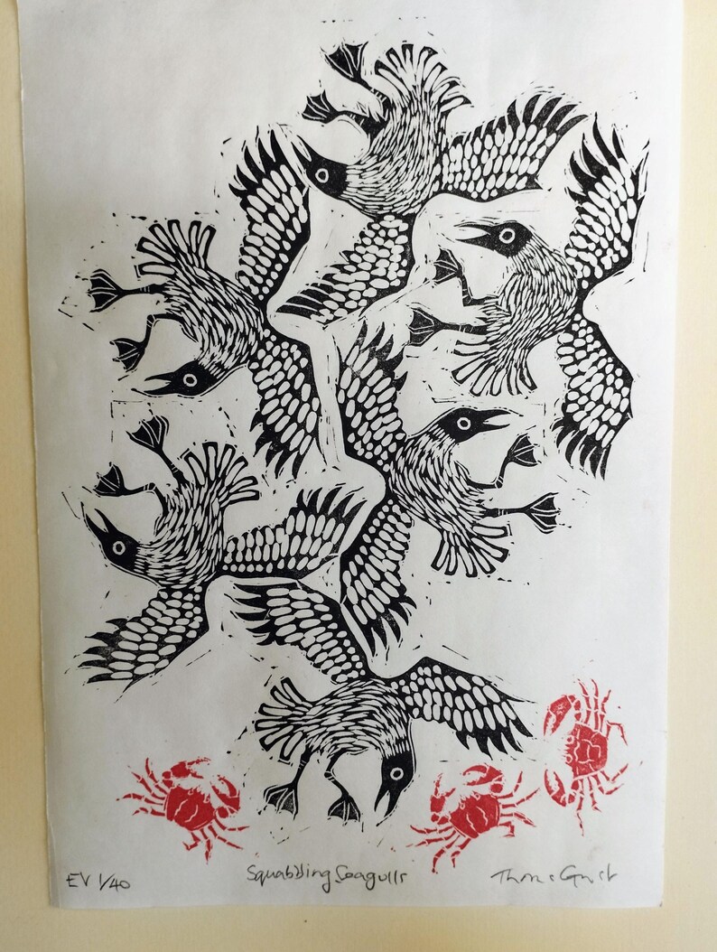 Squabbling Seagulls and Crabs | limited edition hand pulled A4 black, red and white linocut print Awagami Masa