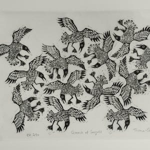Screech of Seagulls | limited edition hand pulled A3 black and white linocut print Hand-torn Wenzhou