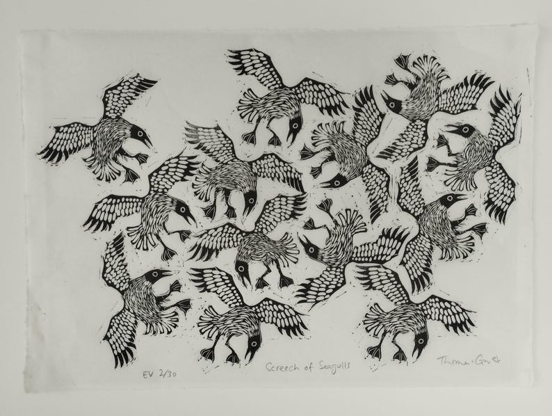 Screech of Seagulls | limited edition hand pulled A3 black and white linocut print Hand-torn Wenzhou