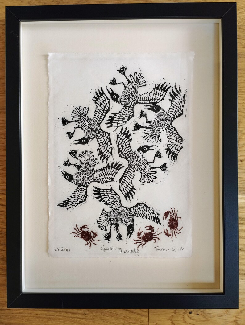 Squabbling Seagulls and Crabs | limited edition hand pulled A4 black, red and white linocut print immagine 4