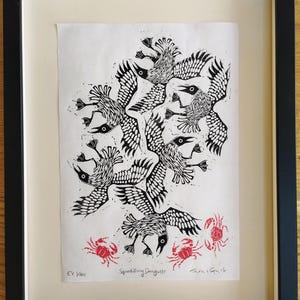 Squabbling Seagulls and Crabs | limited edition hand pulled A4 black, red and white linocut print immagine 5