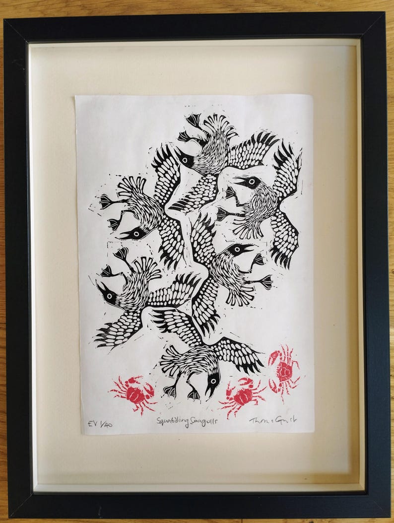 Squabbling Seagulls and Crabs | limited edition hand pulled A4 black, red and white linocut print immagine 5