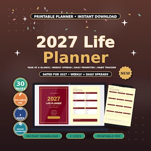 2027 Planner Printable, Dated Daily Planner with Yearly Goals, Monthly & Weekly Pages