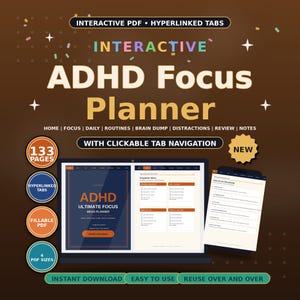 ADHD Planner Focus Mega Planner 133 Pages, Hyperlinked Daily Focus Planner with Dopamine Menu Brain Dump Distraction Log for GoodNotes