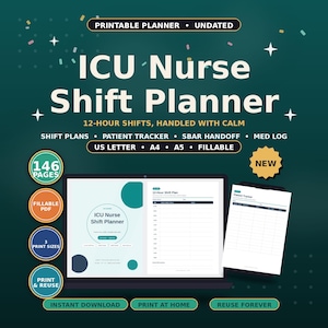 May include: A digital ICU Nurse Shift Planner on a dark green background. The text reads ICU Nurse Shift Planner, 12-hour shifts, handled with calm, shift plans, patient tracker, SBAR handoff, med log, US letter, A4, A5, fillable.