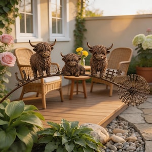 May include: A metal garden stake featuring three brown Highland cattle figures perched on a curved arch. The arch is decorated with a horseshoe, a hashtag symbol, a four-leaf clover, and a large, spherical dandelion seed head sculpture.