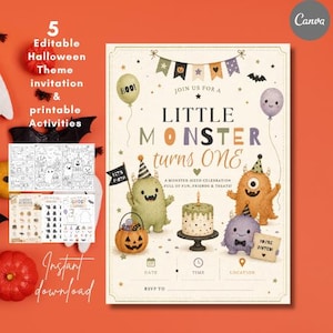 May include: A Halloween-themed birthday invitation featuring three colorful monsters, a birthday cake, and a jack-o'-lantern bucket. The text reads: Join us for a Little Monster turns ONE, a monster-sized celebration full of fun, friends & treats!