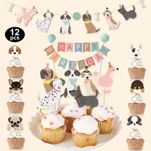 May include: A set of 12 dog-themed cupcake toppers and a cake topper banner featuring the text HAPPY BIRTHDAY. The decorations include various illustrated dog breeds wearing colourful party hats, along with a string banner of dog silhouettes.